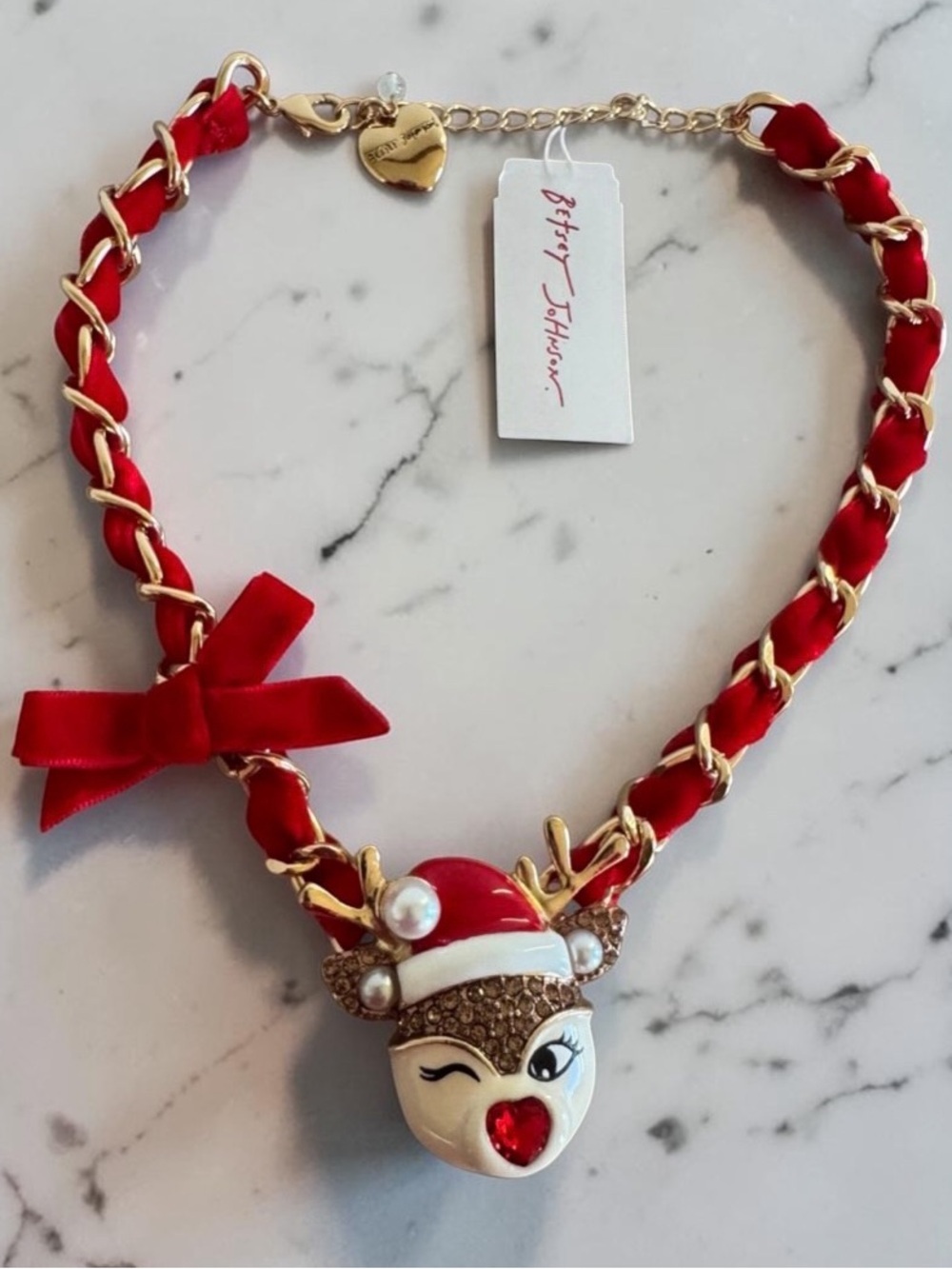 BETSEY JOHNSON RARE Red Rudolph Reindeer Ribbon & Gold Braided Necklace NEW NWT